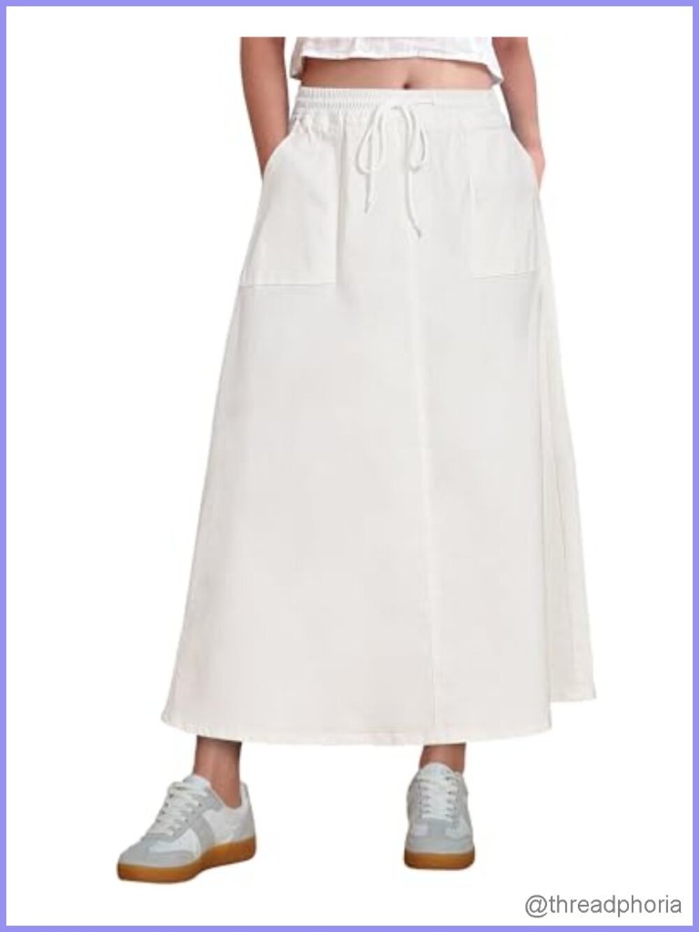 A-Line Maxi Denim Skirt High Rise Elastic Waist Pull On with Pockets
